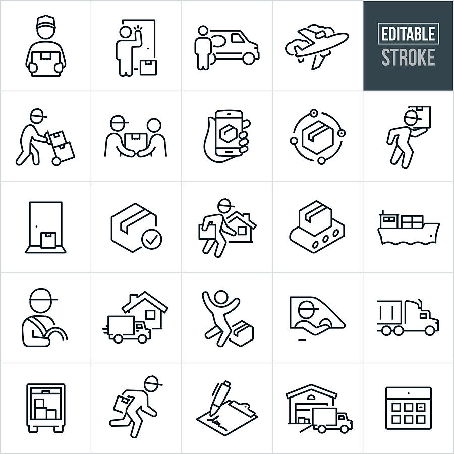 Package Shipping and Delivery Thin Line Icons - Editable Stroke Drawing by Appleuzr