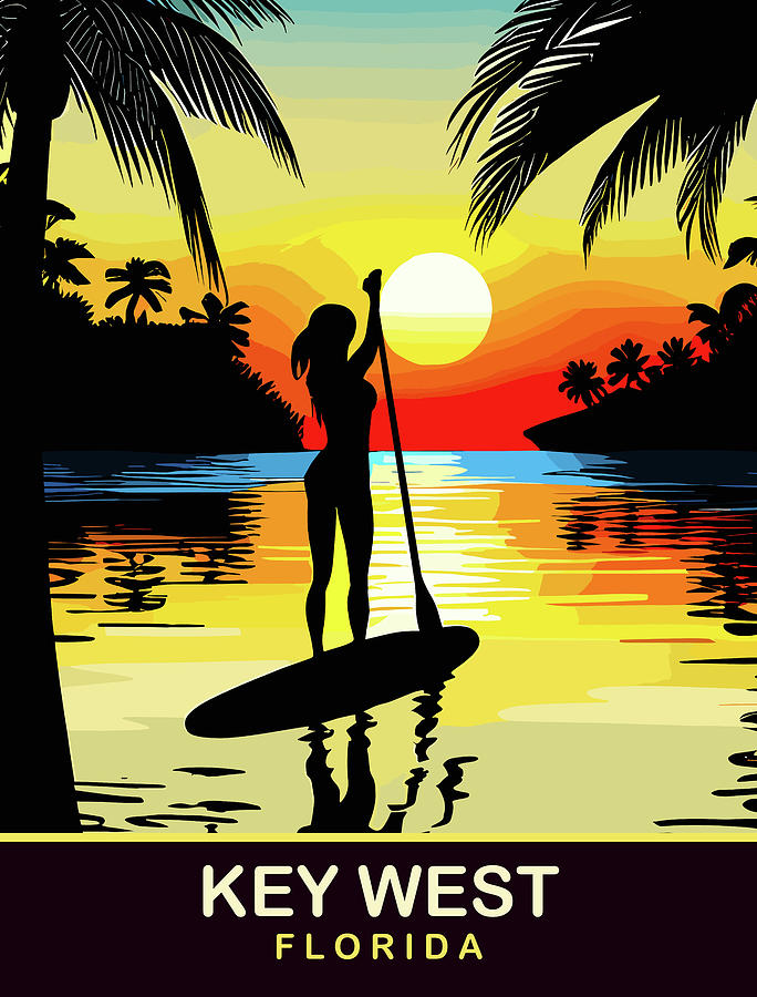 Sunset Digital Art - Paddle Board on Key West, FL by Long Shot
