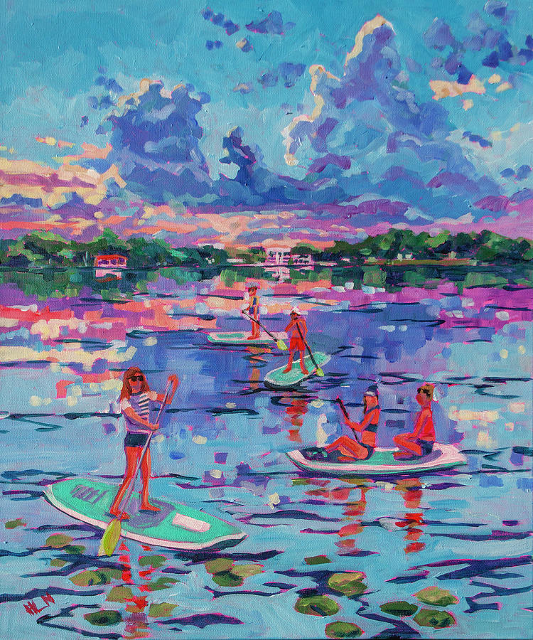 Paddle boarding at Sunset Painting by Heather Nagy