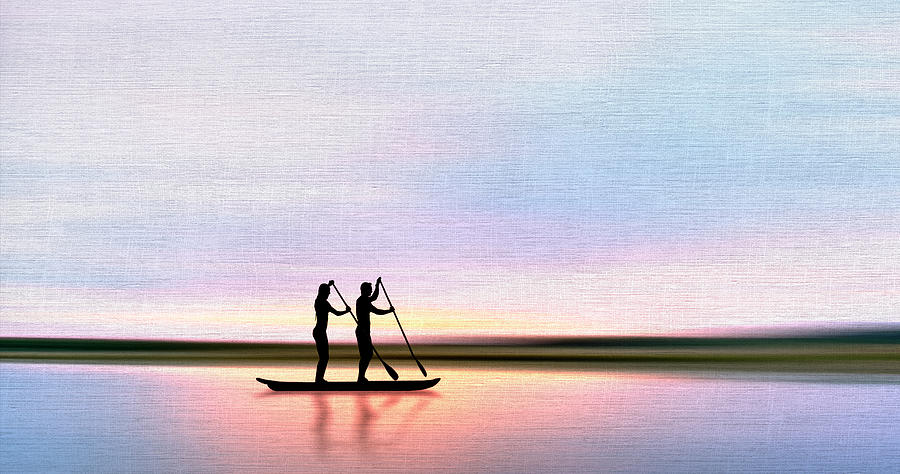 Paddleboarding At Sunset Silhouette - Texture Mixed Media