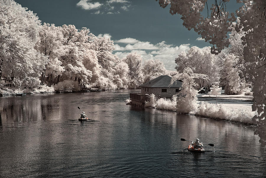 Paddling the Yahara - dreamy kayaking scene on the Yahara river in Stoughton WI captured in infrared Photograph by Peter Herman