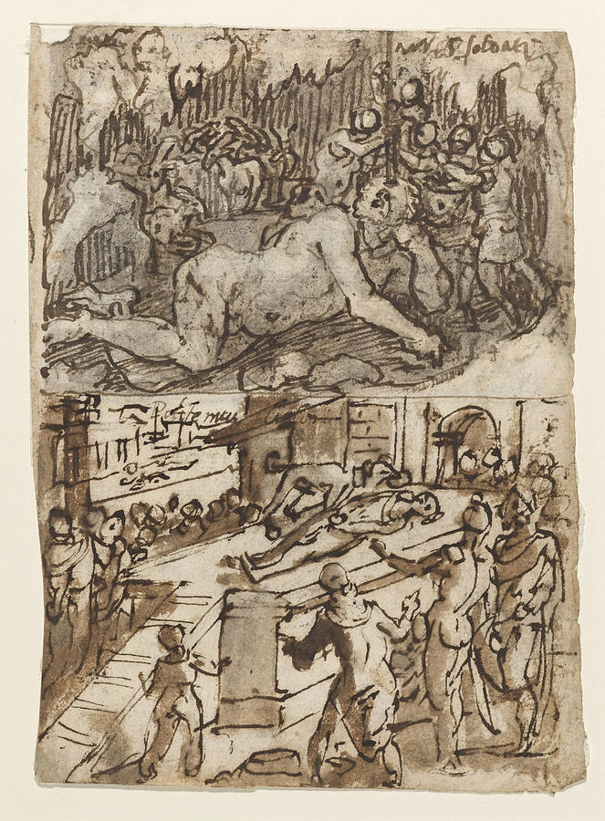 Page of a sketchbook showing two scenes, one including the Blinding of Cyclops Drawing by Jan van der Straet