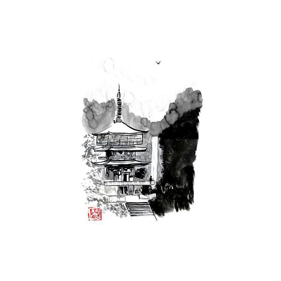 Fall Drawing - Pagoda And Samurai by Pechane Sumie