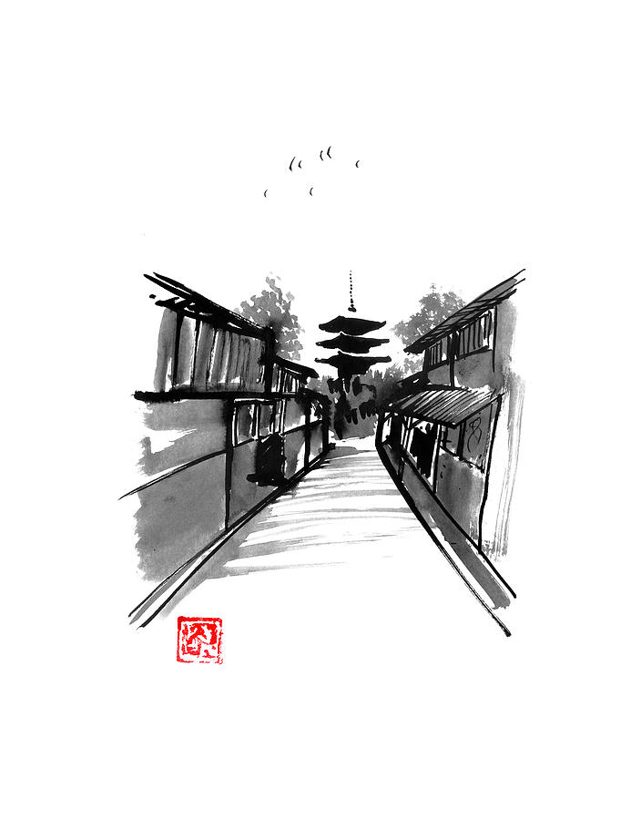 Bird Drawing - Pagoda by Pechane Sumie