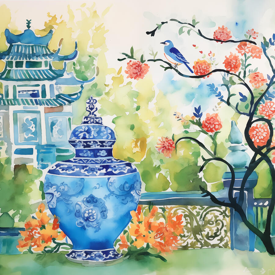 Pagoda with Blue Bird, Blossoms and Chinoiserie Painting by Kimberly ...