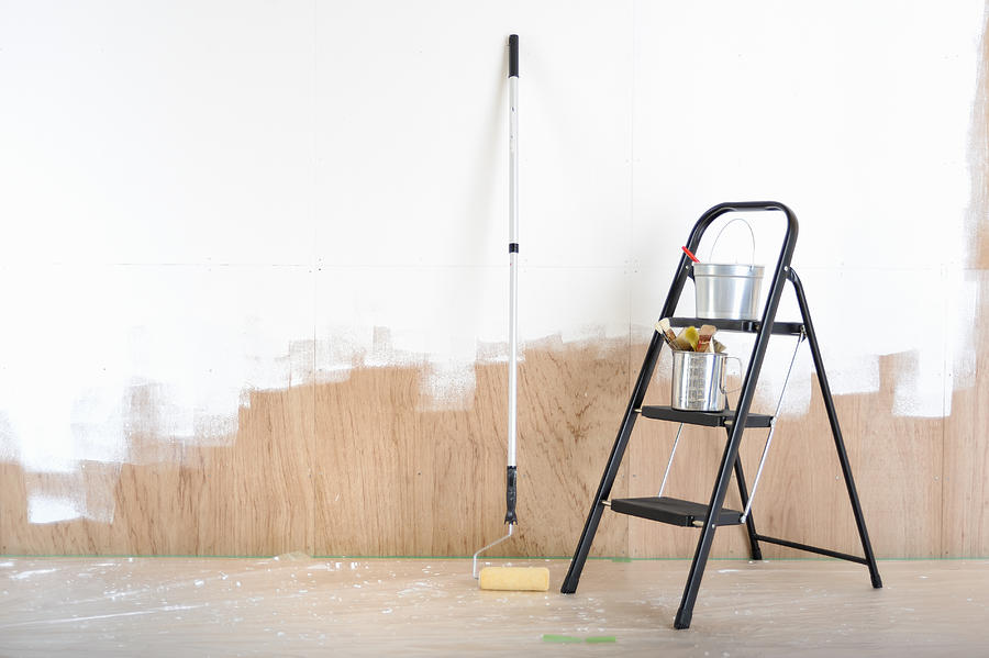 Paint brushes, paint roller, stepladder and paint  Photograph by Yagi Studio