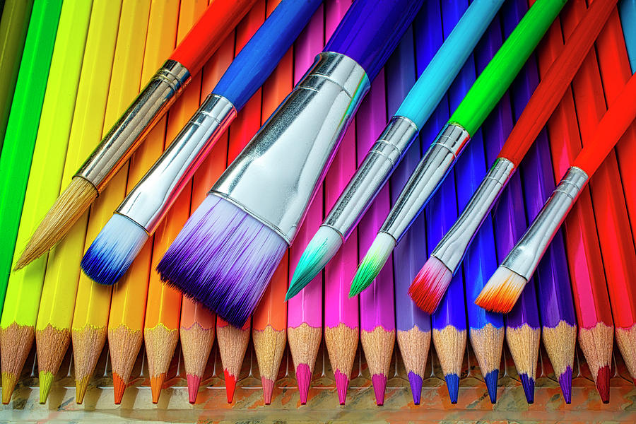 Still Life Photograph - Paintbrushes On Colored Pencils by Garry Gay