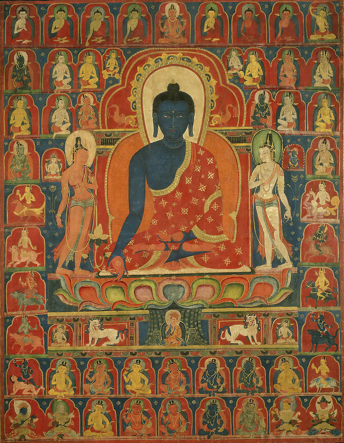 Painted Banner -Thangka- with the Medicine Buddha -Bhaishajyaguru-. Tibet, Central Tibet. Painting by Album