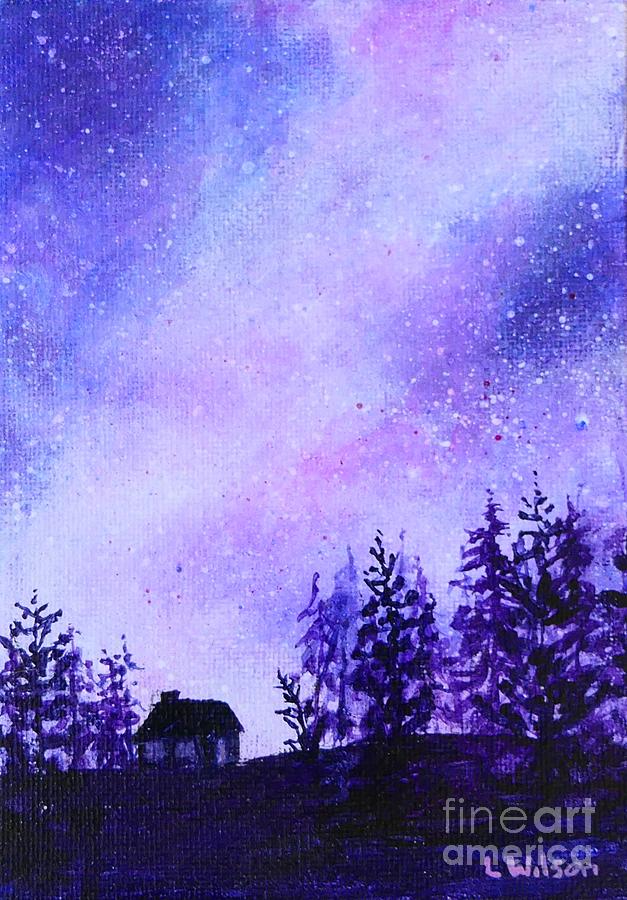 Painted Night Stars, Purple night sky with silhouette trees and house ...