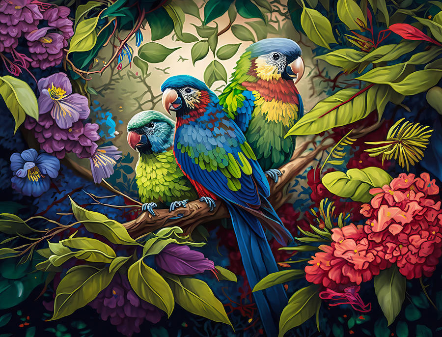 Painted parrots in rainforest Digital Art by Karen Foley