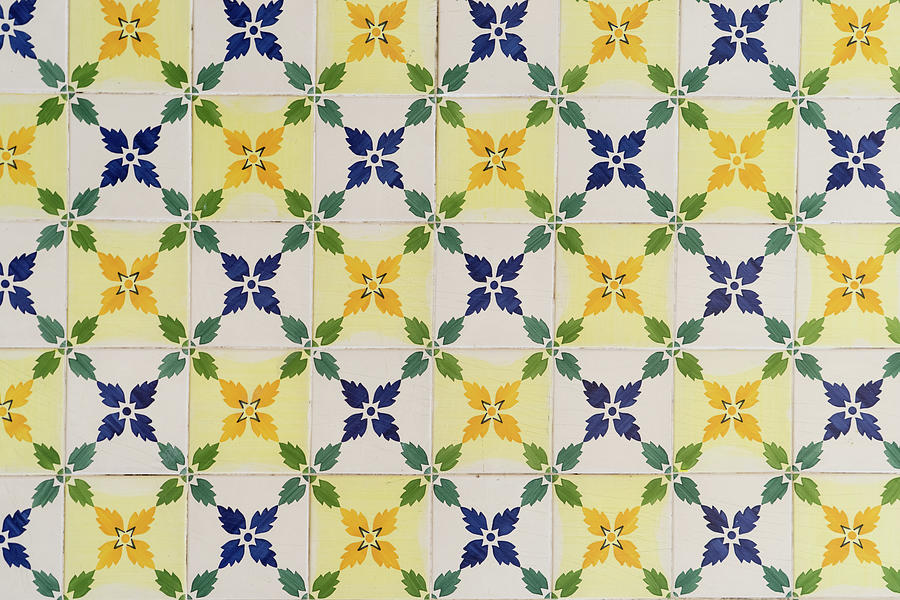 Painted Patterns - Floral Azulejo Tiles in Blue Green and Yellow - Horizontal Variant Photograph by Georgia Mizuleva