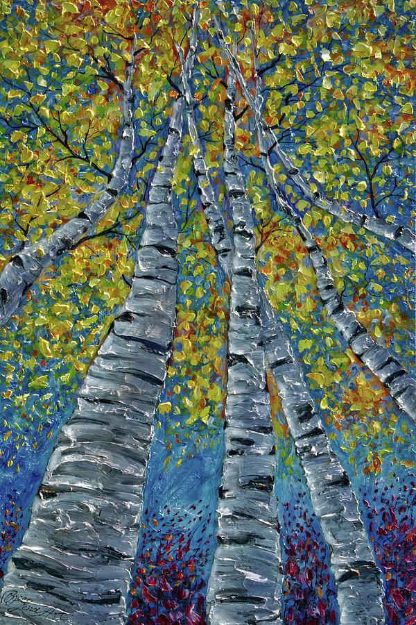  Whimsy Aspen Trees Moonlight Sonata With Aspen Trees with Palette Knife Technique Painting by Lena Owens - OLena Art Vibrant Palette Knife and Graphic Design