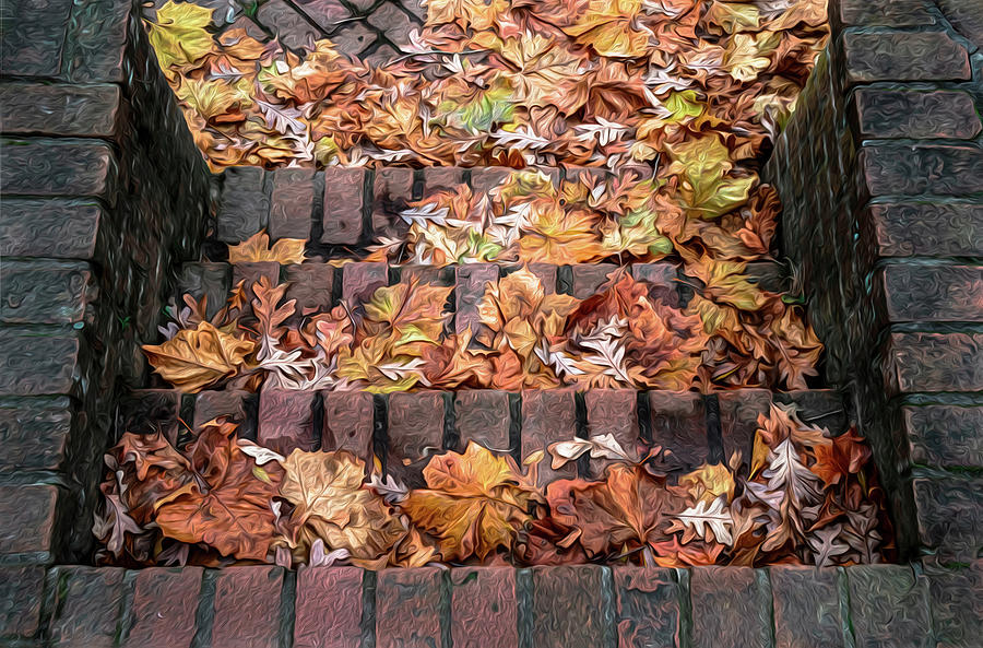 Painterly Autumn Leaves On Brick Steps Photograph by Gary Slawsky