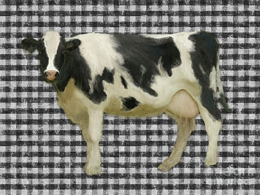 Painterly Black and White Cow over Gingham Farmhouse Decor Painting by Audrey Jeanne Roberts