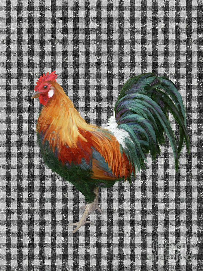 Painterly Black and White Rooster over Gingham Farmhouse Decor Painting by Audrey Jeanne Roberts