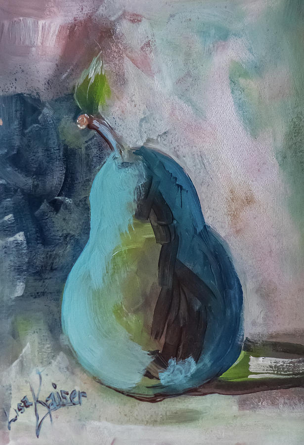 Painterly Blue Green Pear Painting Painting by Lisa Kaiser