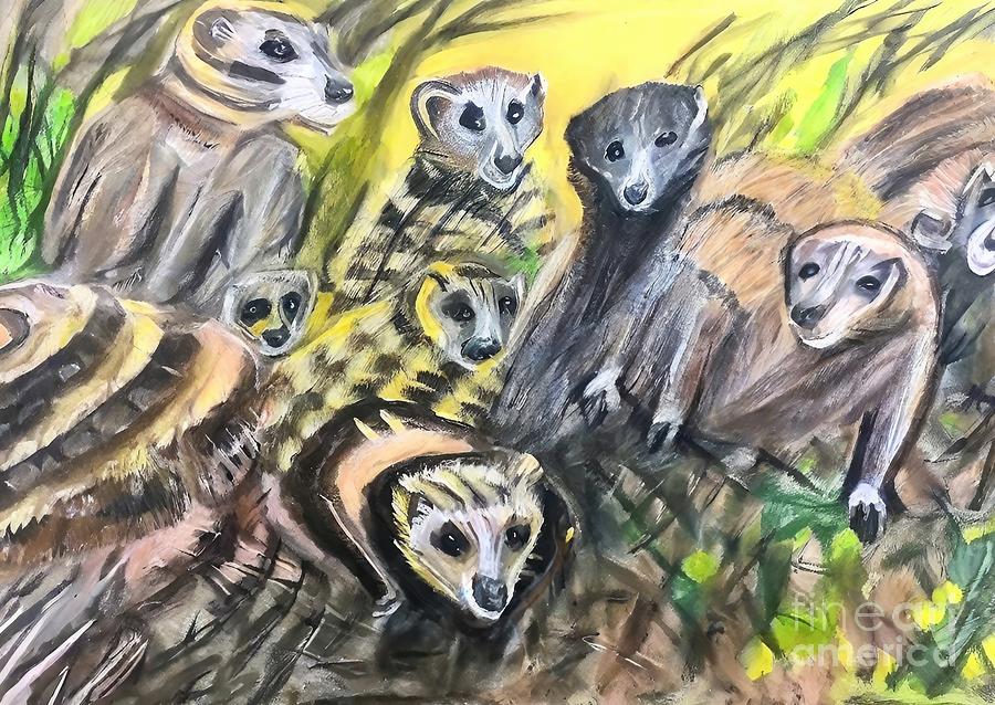 Nature Painting - Painting Banded Mongooses Abstract watercolor nat by N Akkash