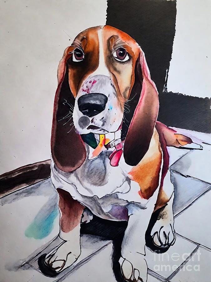 Dog Painting - Painting Bassethound dog animal portrait pet cute by N Akkash