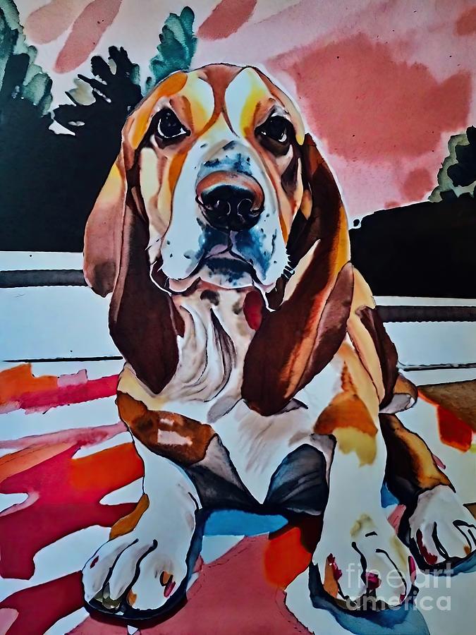 Nature Painting - Painting Bassethound dog portrait animal pet illu by N Akkash