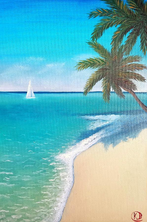 Painting beach, palm trees, ocean, sea, sailboat, shore Painting by ...