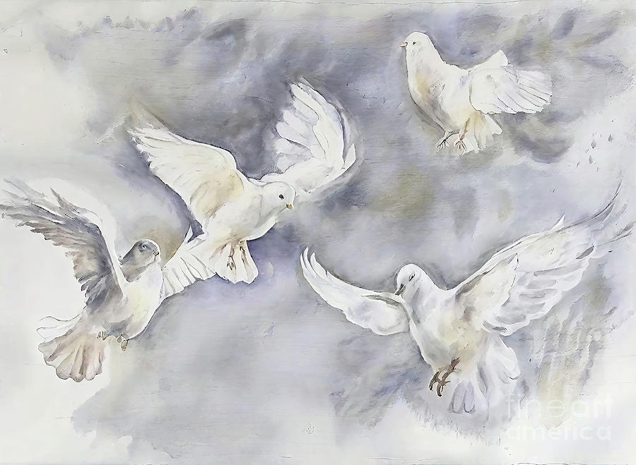 Dove Painting - Painting Birds In The Sky bird dove white fly pig by N Akkash