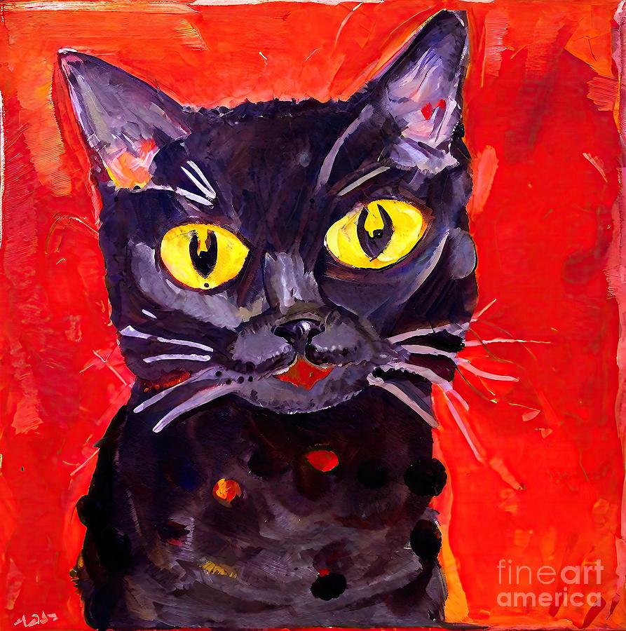 Painting Black Cat Portrait On A Red Background Painting by N Akkash ...