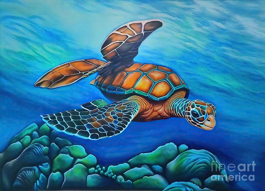 Nature Painting - Painting Blue Turtle sea blue animal nature art o by N Akkash