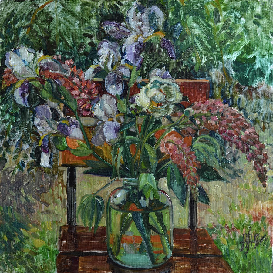 Plain Air Painting - Painting Bouquet with irises in the garden by Arina Norloguyanova