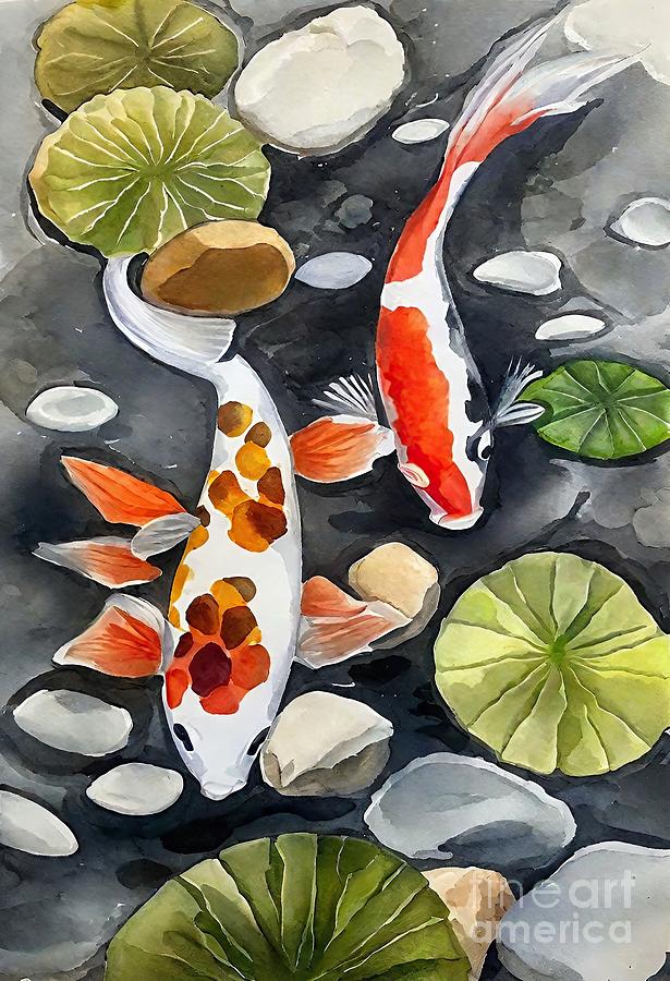 Fish Painting - Painting Carps 2 fish water colorful background w by N Akkash