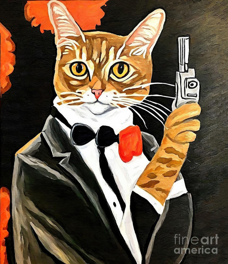 Cool Painting - Painting Cat James Bond Agent 007 cute funny illu by N Akkash