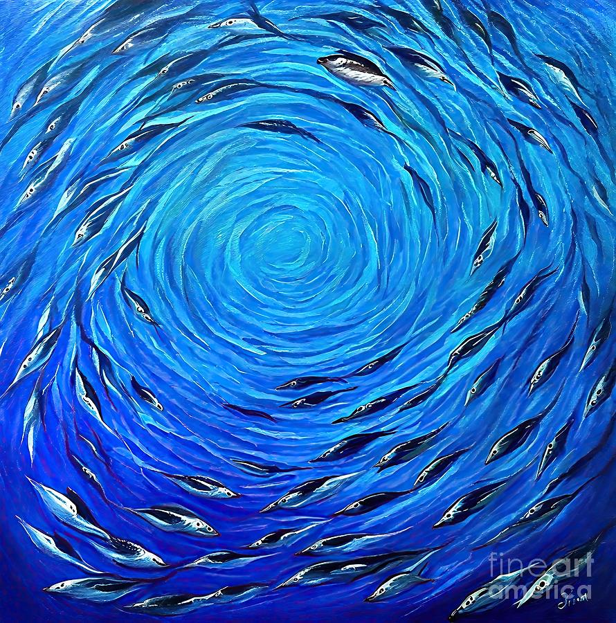 Abstract Painting - Painting Circle Of Fish Underwater Animal Origina by N Akkash