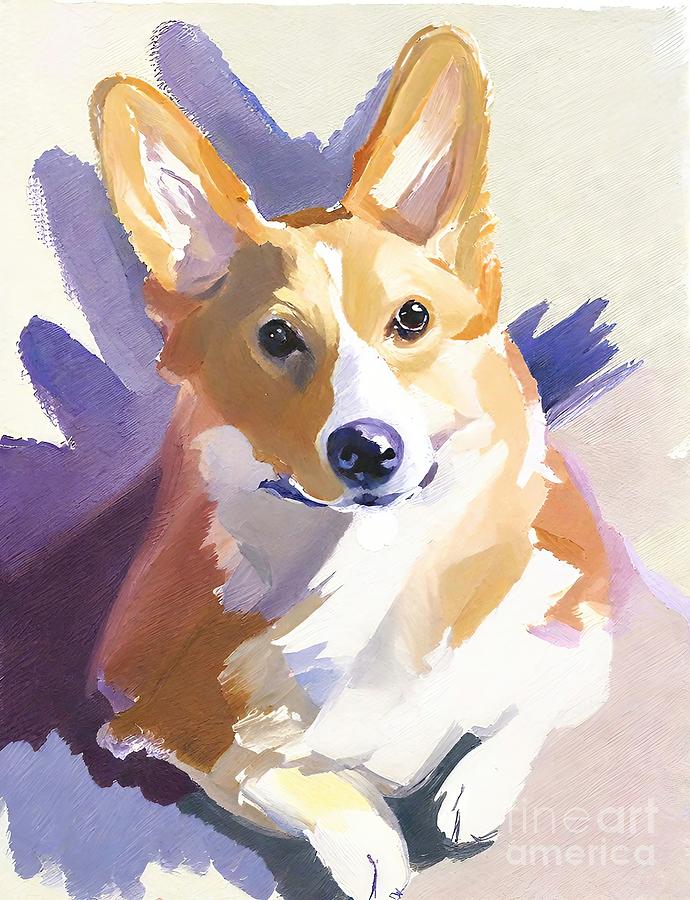 Dog Painting - Painting Corgi dog cute portrait pet animal puppy by N Akkash