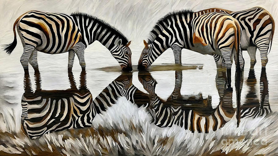 Nature Painting - Painting Family Of Zebras Drinking Water nature w by N Akkash
