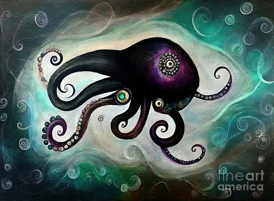 Octopus Painting - Painting Floating Octopus illustration ocean anim by N Akkash