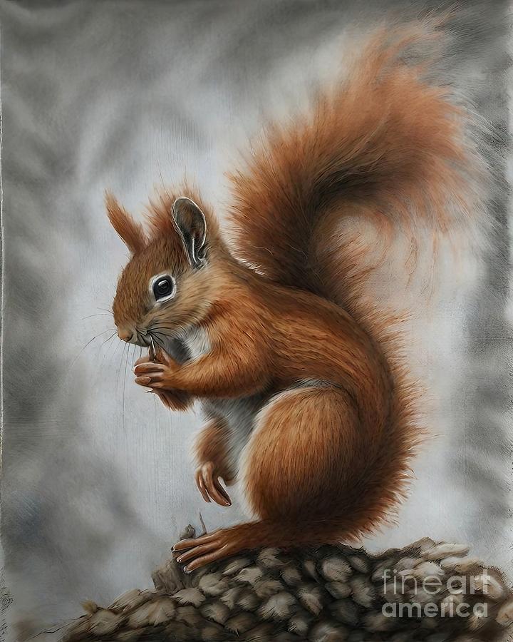 Nature Painting - Painting Fluffy Silk Painted Squirrel animal natu by N Akkash