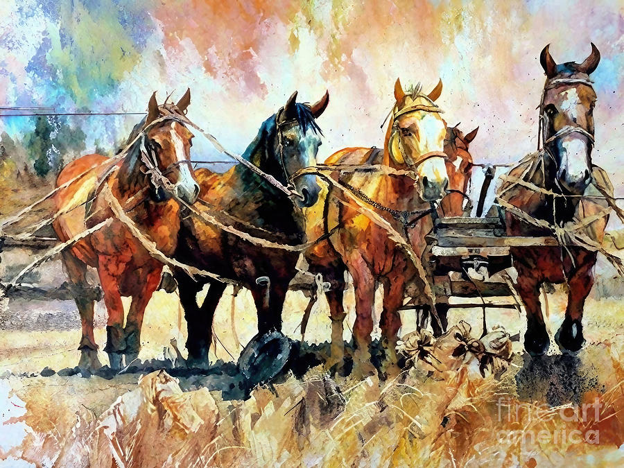 Nature Painting - Painting Four Horses nature horse animal outdoor by N Akkash