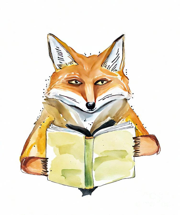 Nature Painting - Painting Fox Reading Book Watercolor Painting Pri by N Akkash