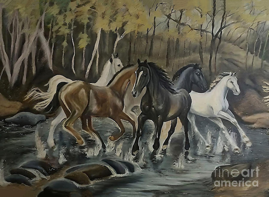 Nature Painting - Painting Free Soul Horses nature animal horse bea by N Akkash