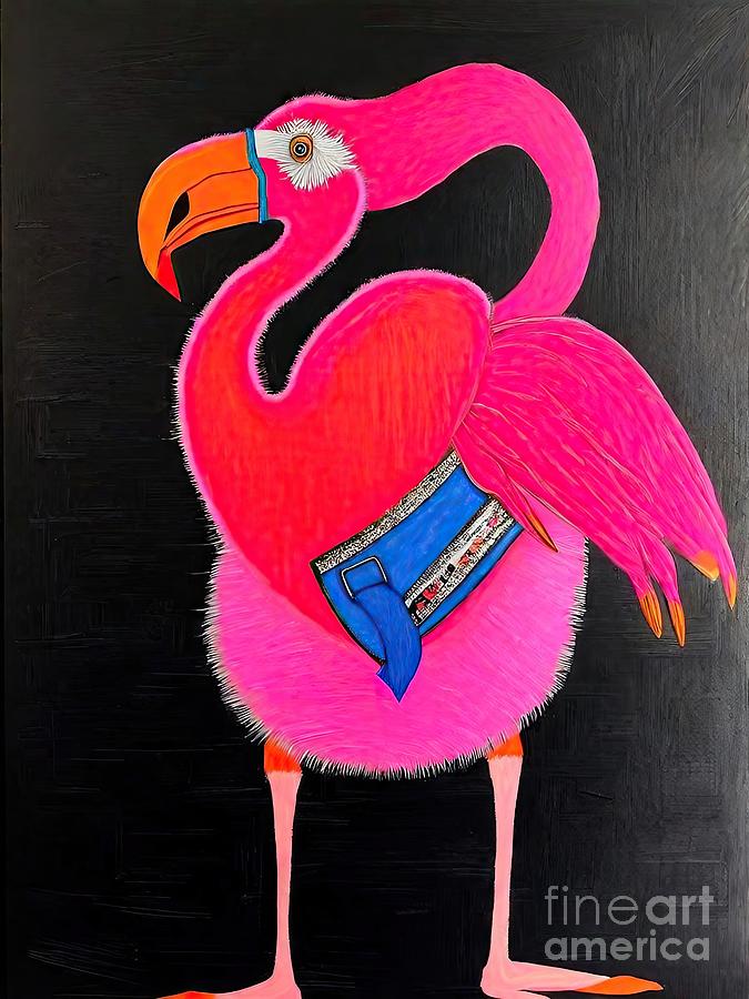 Nature Painting - Painting Funky Miami Flamingo animal art illustra by N Akkash