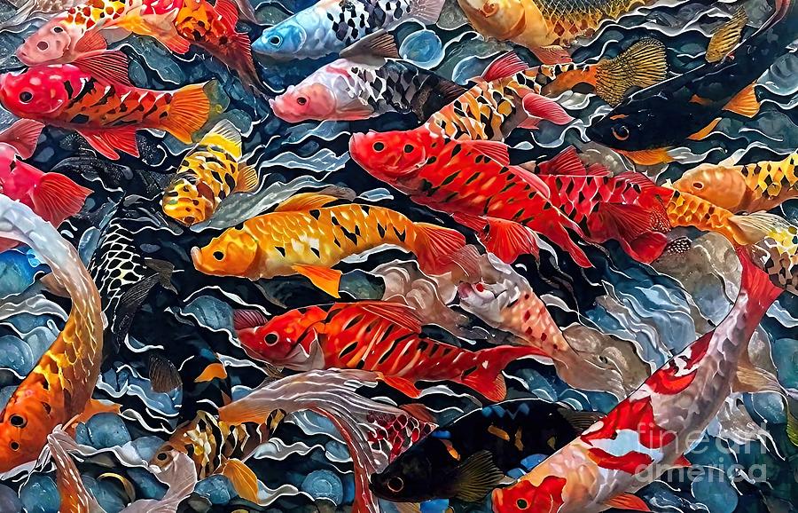 Fish Painting - Painting Gathering Of The Hungry orange colorful  by N Akkash