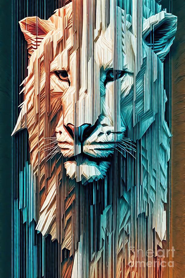Nature Painting - Painting Glitch Lion head art lion illustration w by N Akkash