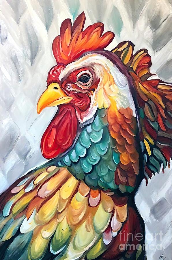 Rooster Painting - Painting I See Her True Colors rooster nature ani by N Akkash
