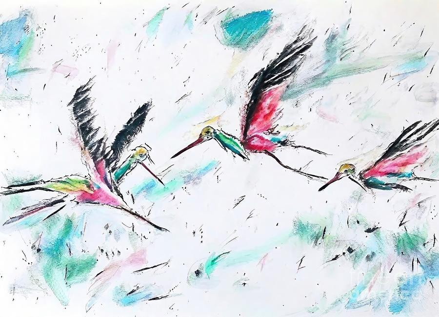 Abstract Painting - Painting Ibis Birds In Flight art color backgroun by N Akkash