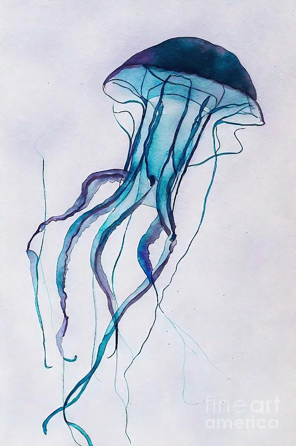 Abstract Painting - Painting Jellyfish 3 blue jellyfish background ar by N Akkash