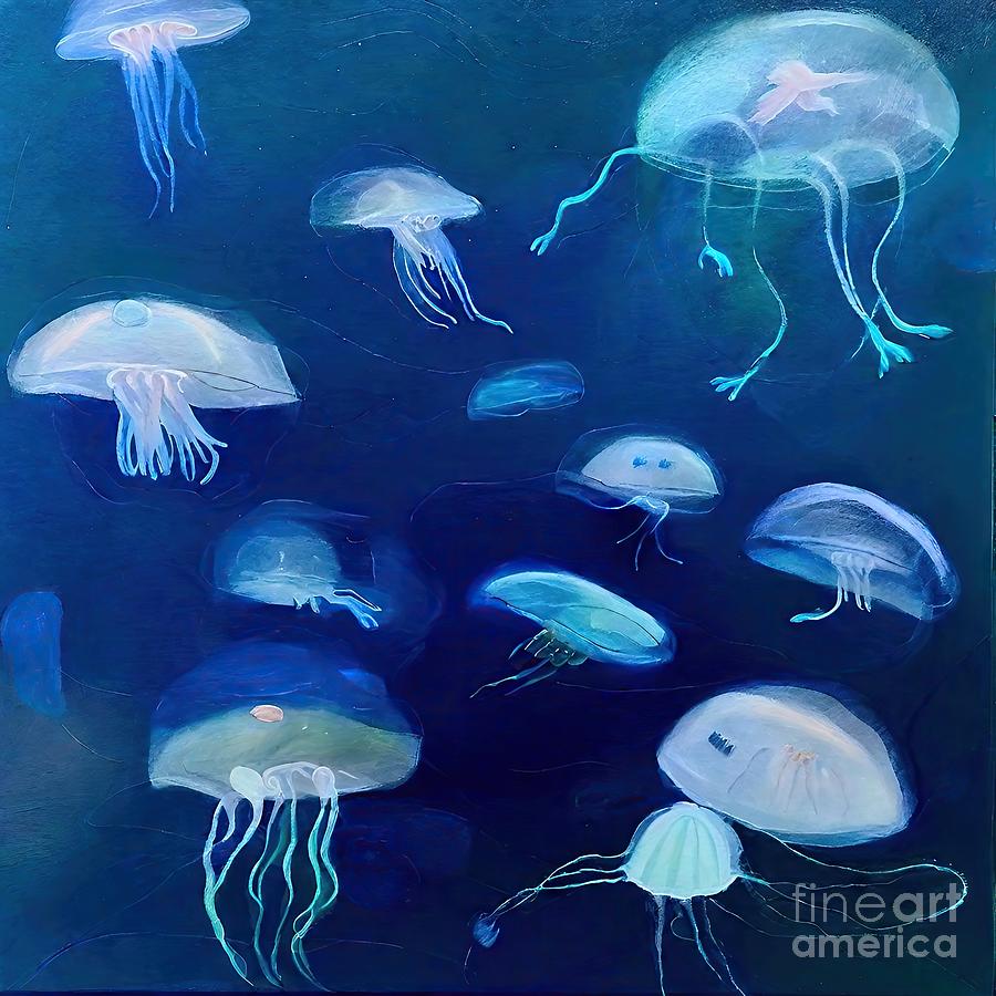 Nature Painting - Painting Life Forms sea water jellyfish animal un by N Akkash