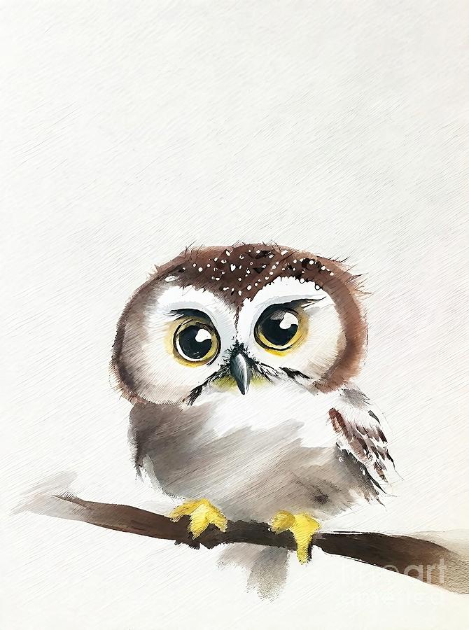 Nature Painting - Painting Little Owl On A Branch 9 nature bird wil by N Akkash