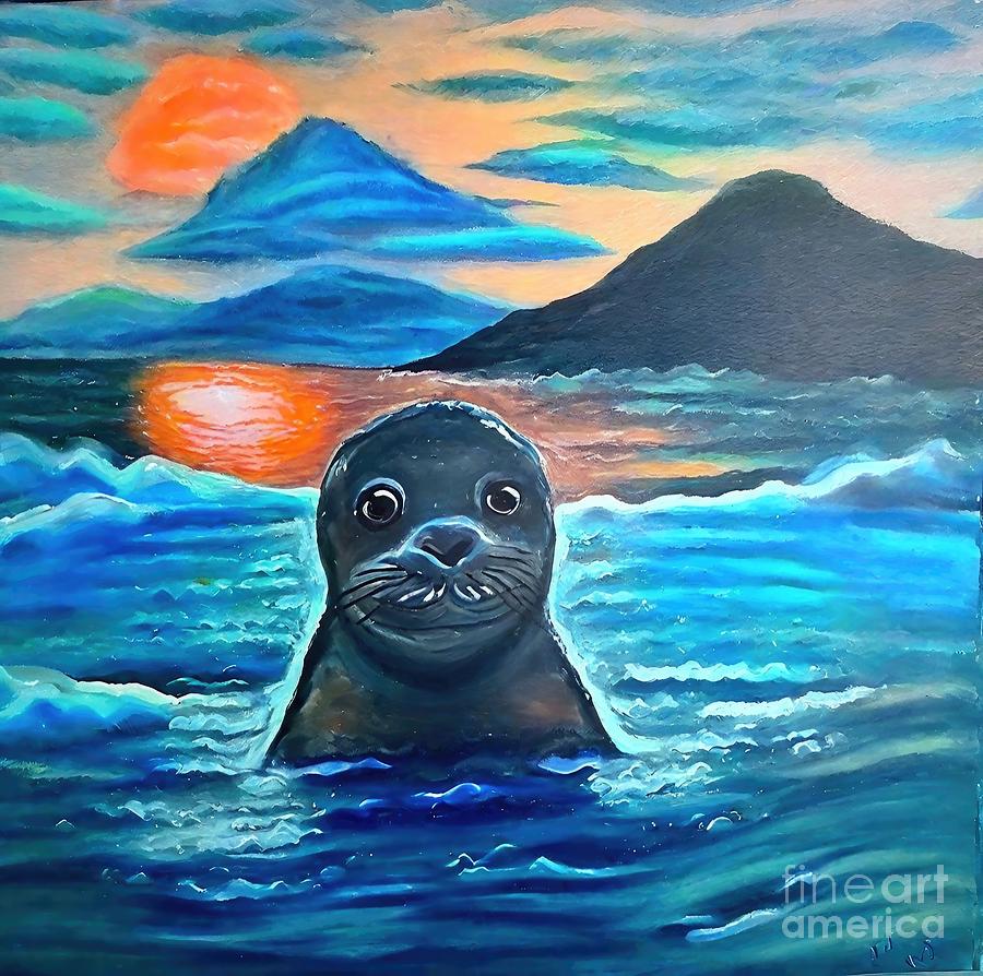 Cobra Painting - Painting Monk Seal Sunrise  image art animal draw by N Akkash