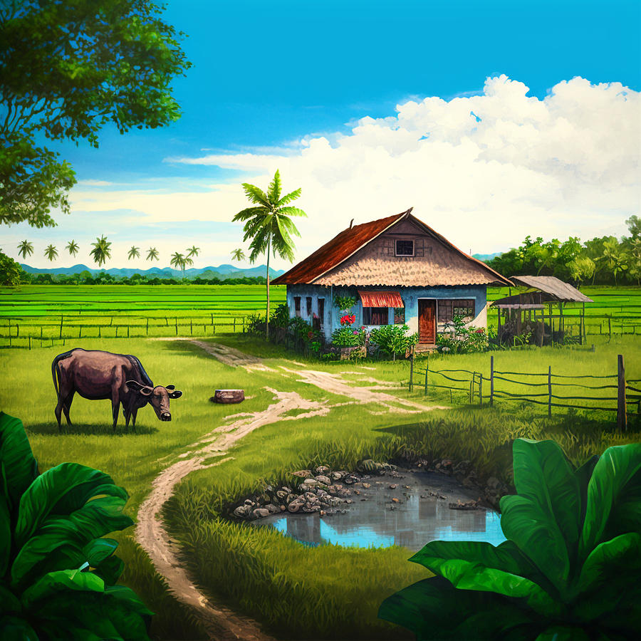 painting of a Filipino farm with animals and ri by Asar Studios Digital ...