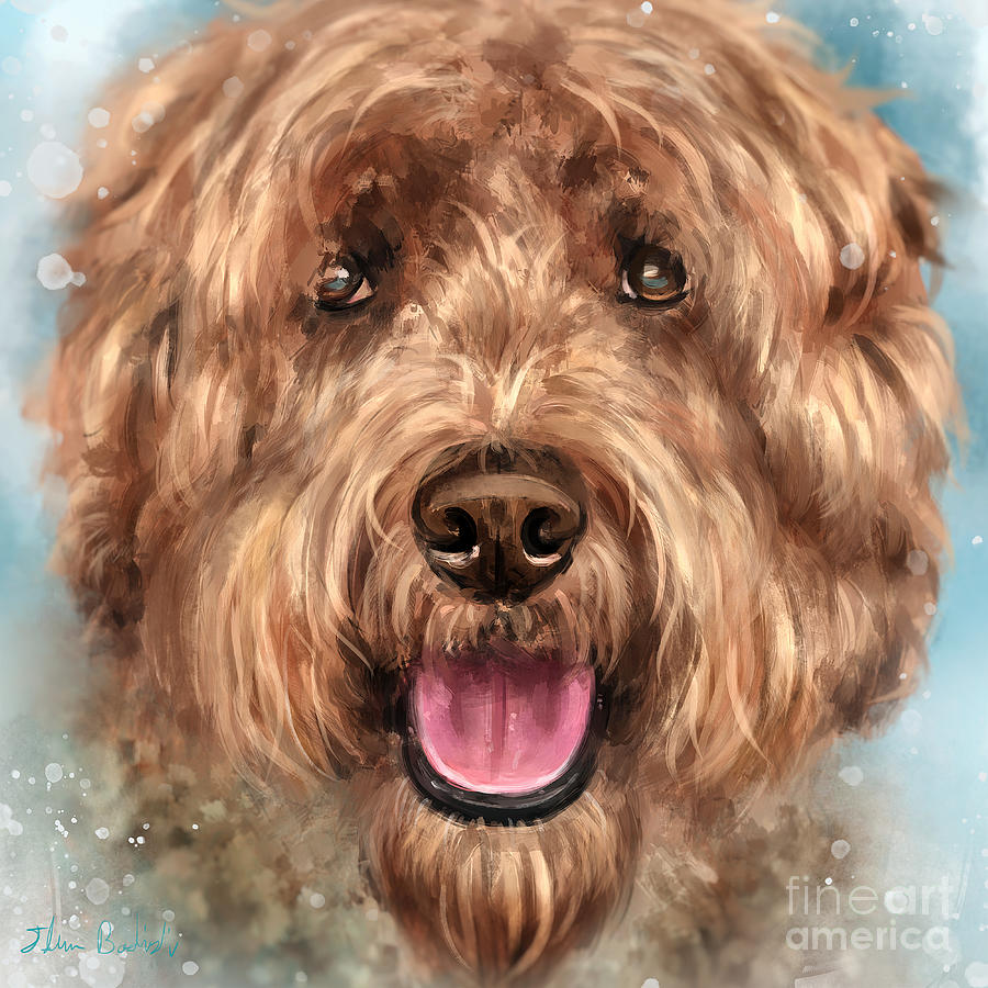 Painting of a Smiling Labradoodle Dog with Its Tongue Out Digital Art ...