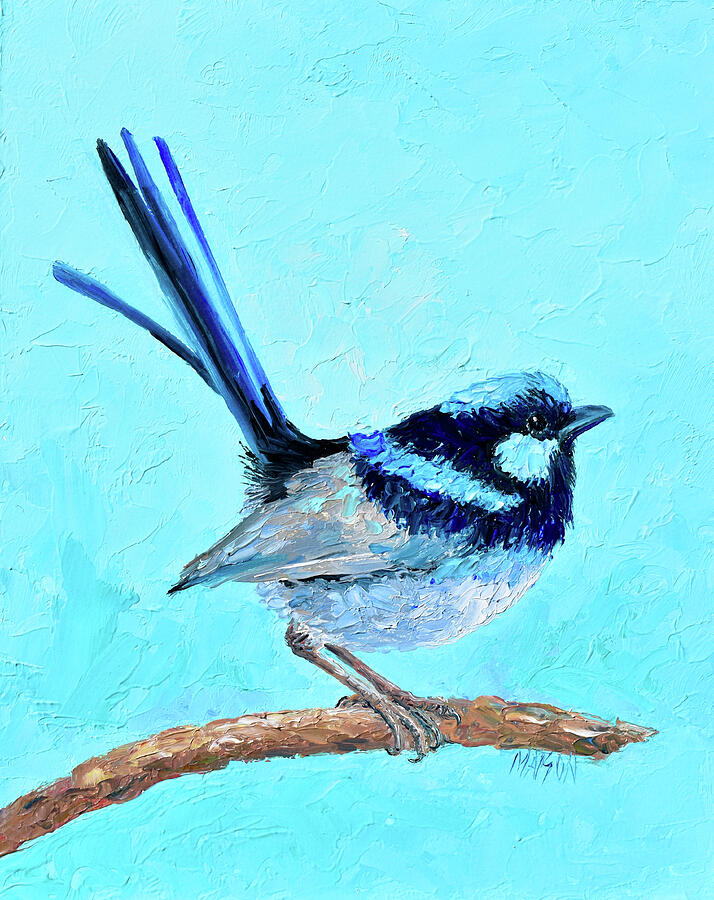 Painting of a Superb fairy wren on a bright blue background Painting by Jan Matson Painting of a Superb fairy wren on a bright blue background Painting by Jan Matson